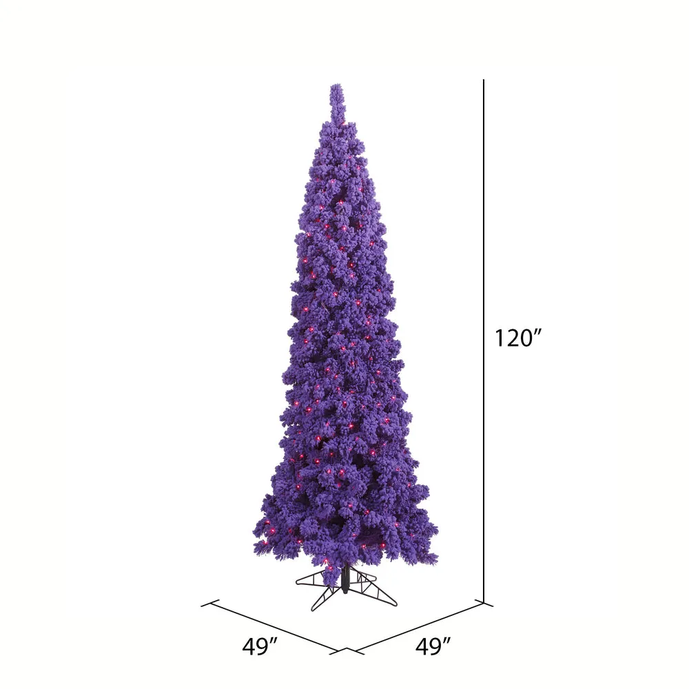 10' Flocked Purple Pencil Fir Artificial Christmas Tree Purple Dura-lit Lights