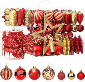 106pcs Christmas Shatterproof Plastic Balls Ornaments Set Red & Gold