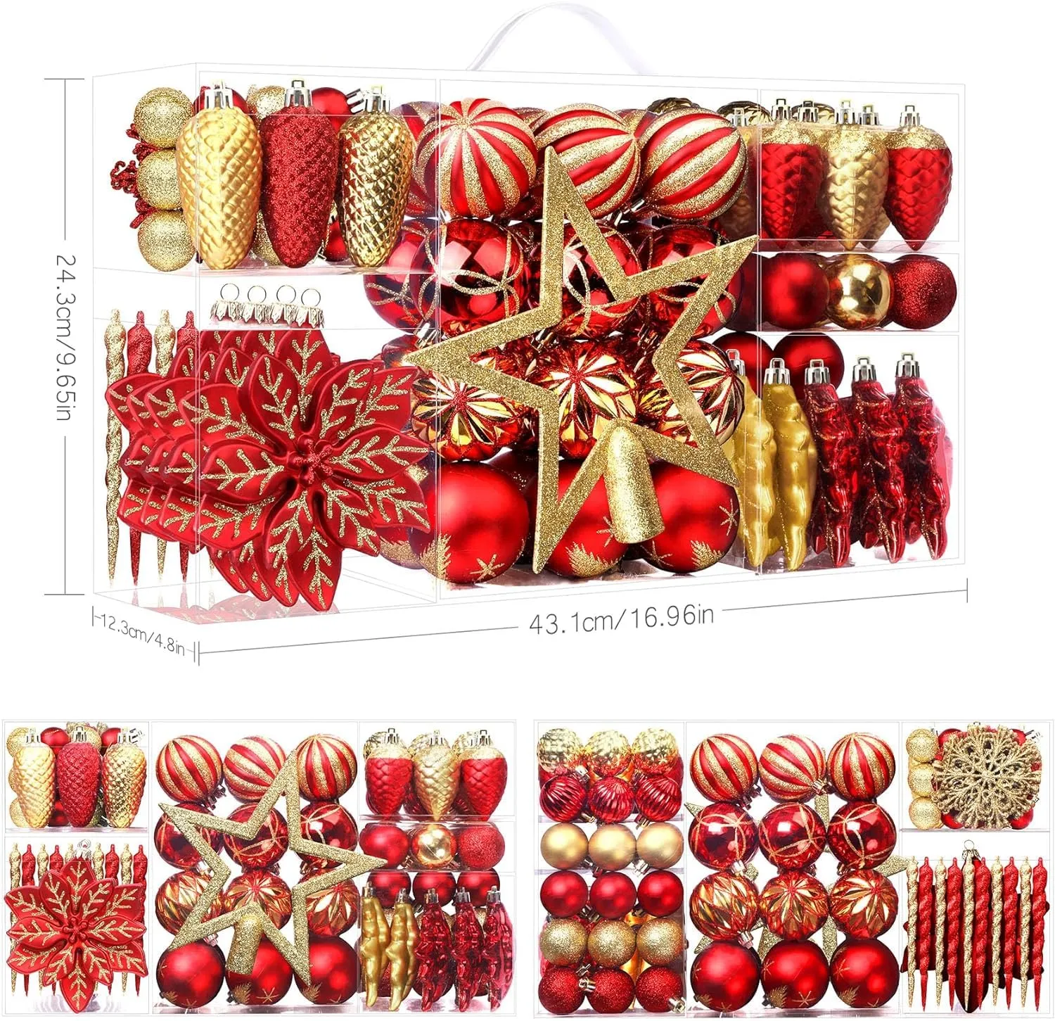 106pcs Christmas Shatterproof Plastic Balls Ornaments Set Red & Gold