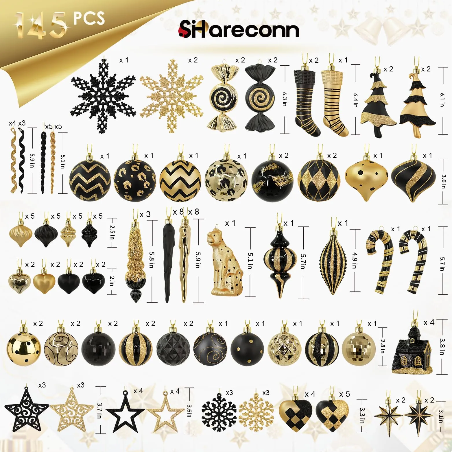 145pcs Gold and Black Christmas Balls Ornaments Set