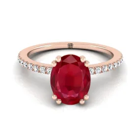 14K Rose Gold Oval Ruby Simple French Pave Double Claw Prong Diamond Engagement Ring -1/6ctw