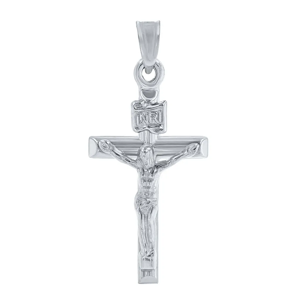 14K White Gold Polished INRI Crucifix Tubular Mini Cross Pendant