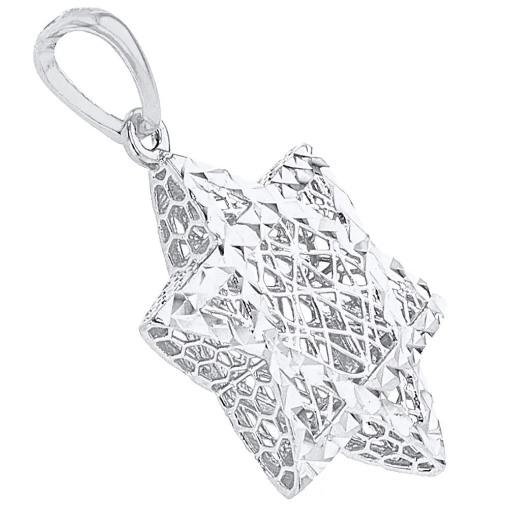 14k White Gold Textured 3D Jewish Star of David Pendant