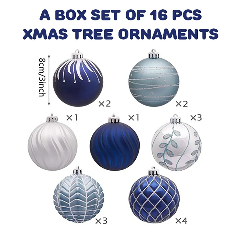 16 pcs Blue Silver Stripes theme Christmas Ball Tree ornaments XMAS Decoration Set