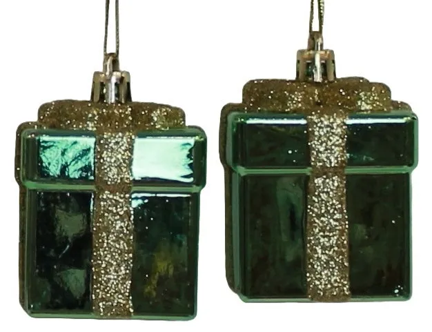 2-Pack of Shiny Gift Box Ornaments (Emerald Green/Gold)