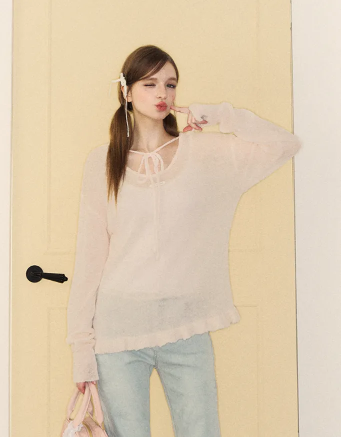 2-way ribbon strap design see-through knit top SPE0066