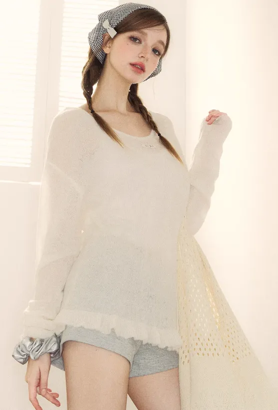 2-way ribbon strap design see-through knit top SPE0066