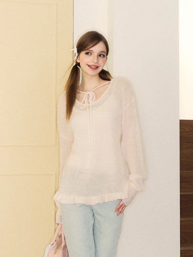 2-way ribbon strap design see-through knit top SPE0066