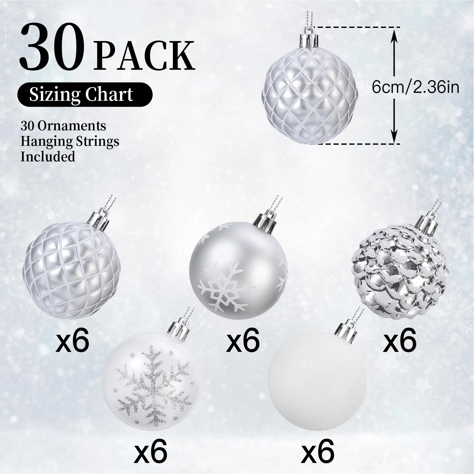 30ct 2.36 Inch White & Silver Christmas Tree Balls Ornaments