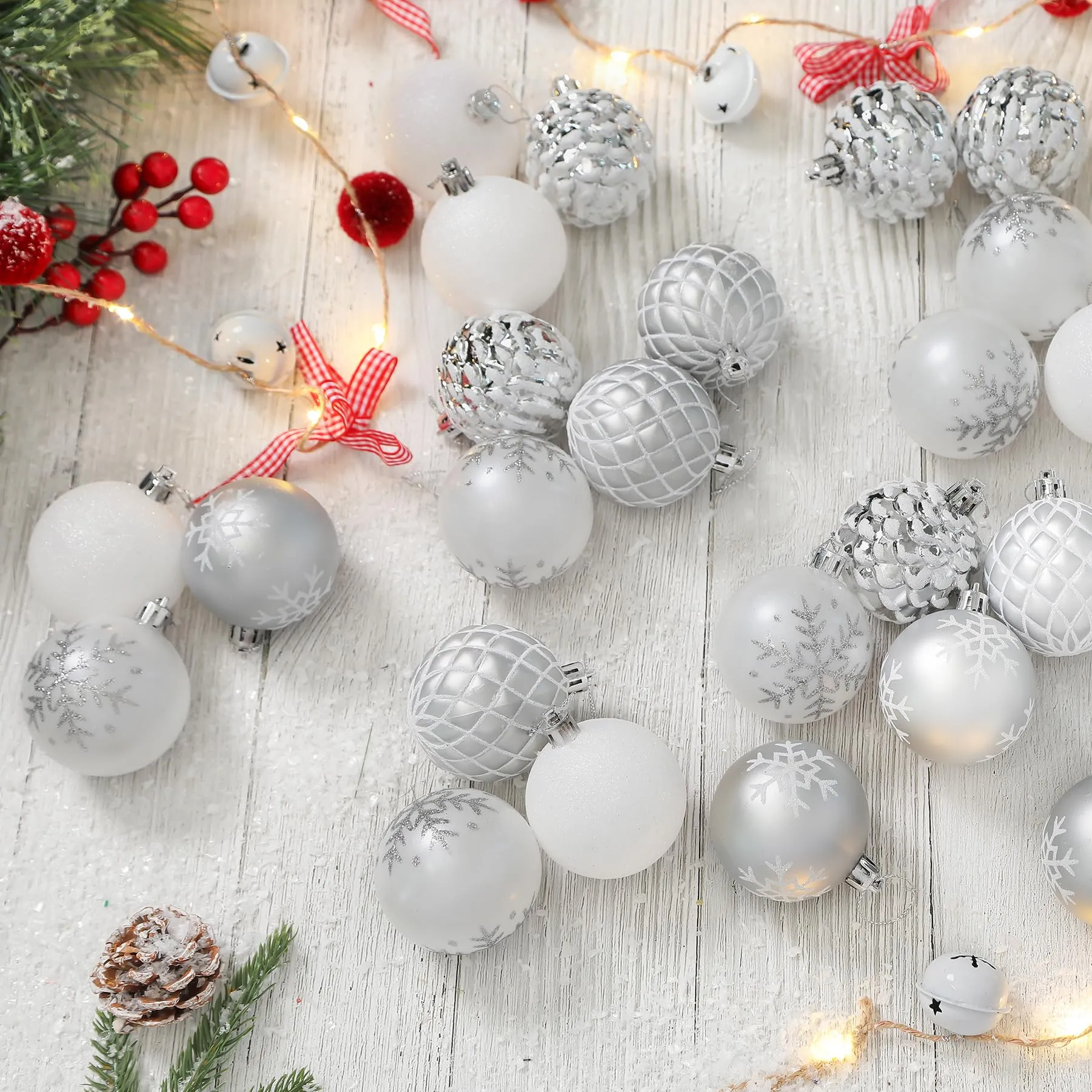 30ct 2.36 Inch White & Silver Christmas Tree Balls Ornaments