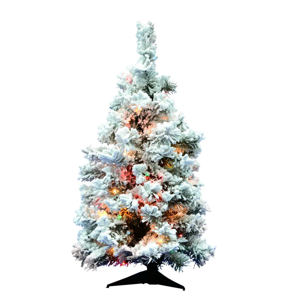 36" Flocked Alaskan Pine Artificial Christmas Tree 100 Colored Dura-Lit lights