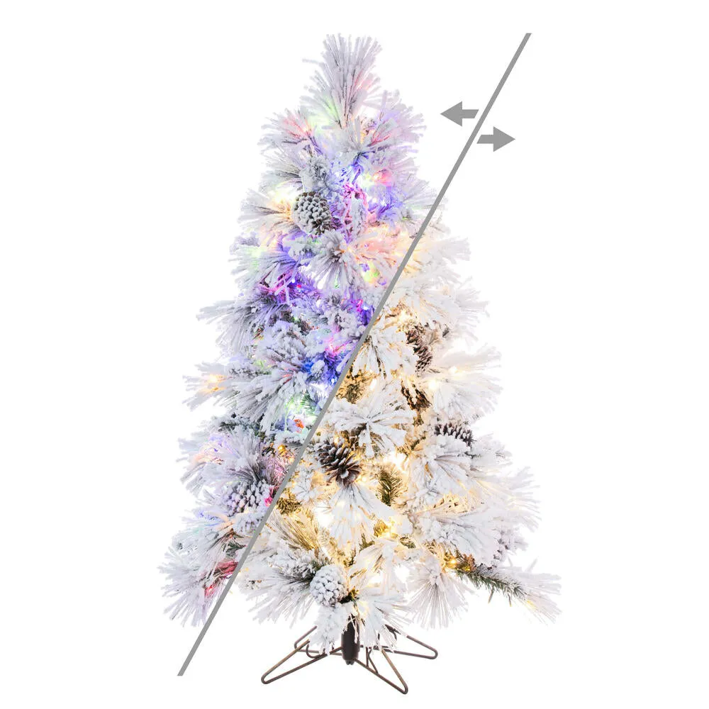 4.5' x 30" Flocked Atka Pine Artificial Xmas Tree 3mm LED Color Changing Lights