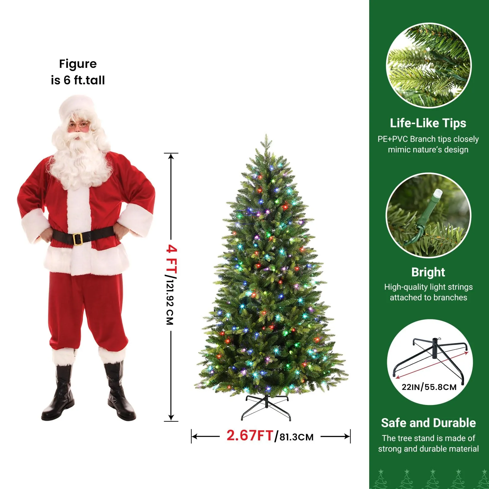 4ft Prelit Color Changing RGB Lights Artificial Hinged Christmas Lush Fir Tree