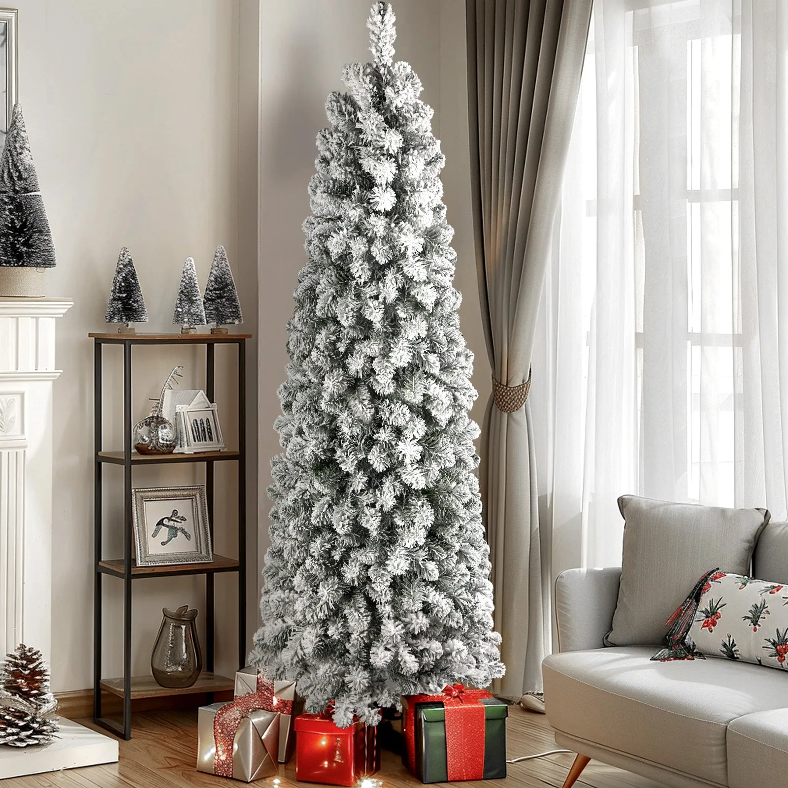 4ft Prelit Warm White Lights Snow Flocked Artificial Hinged Slim Pencil Christmas Tree