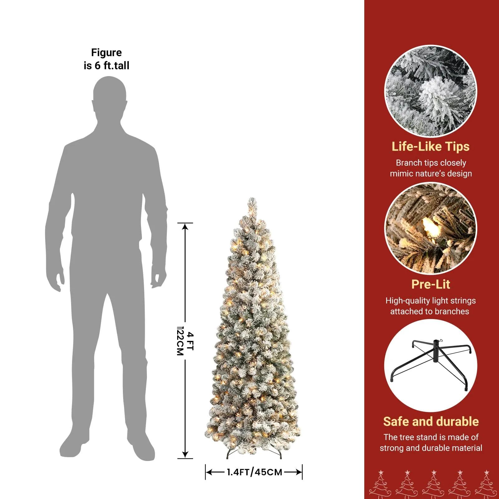 4ft Prelit Warm White Lights Snow Flocked Artificial Hinged Slim Pencil Christmas Tree