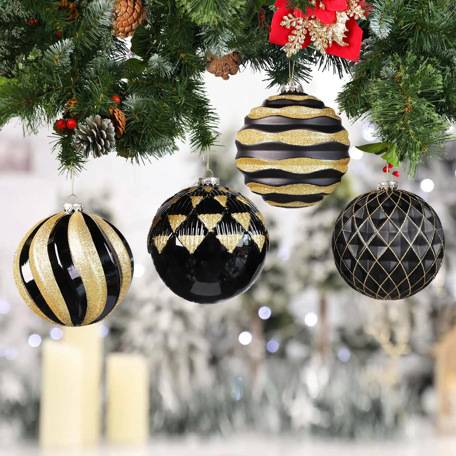 4Pcs 6''/150mm Black&Gold Large Christmas Ball Ornaments with Hooks