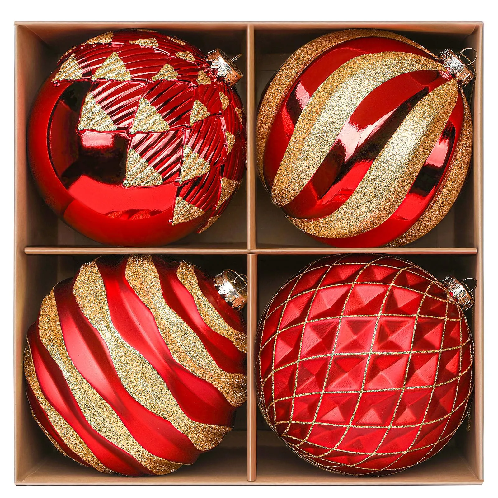 4Pcs 6''/150mm Red & Gold Large Christmas Ball Ornaments with Hooks