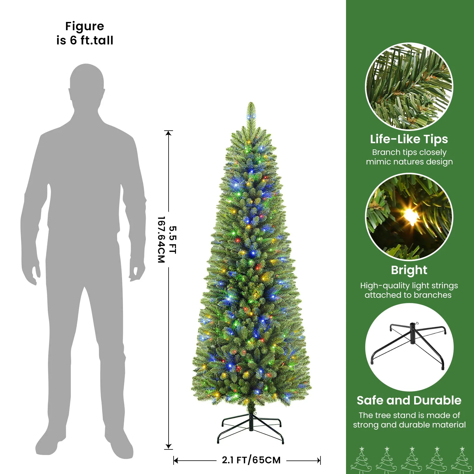 5ft Warm White & Multi-Color Lights Prelit Artificial Slim Pencil Christmas Tree with Remote