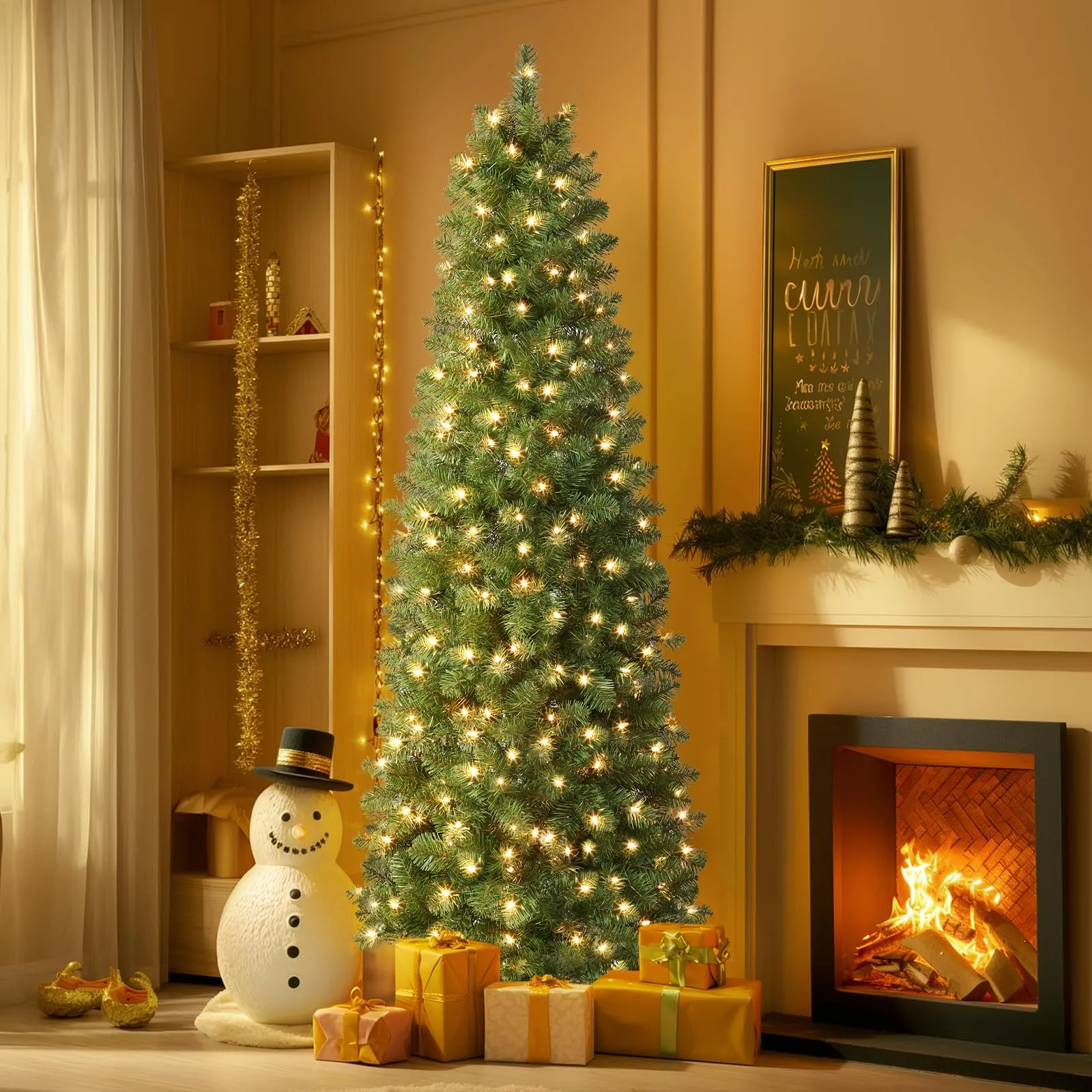 5ft Warm White Light Artificial Hinged Slim Pencil Prelit Christmas Tree