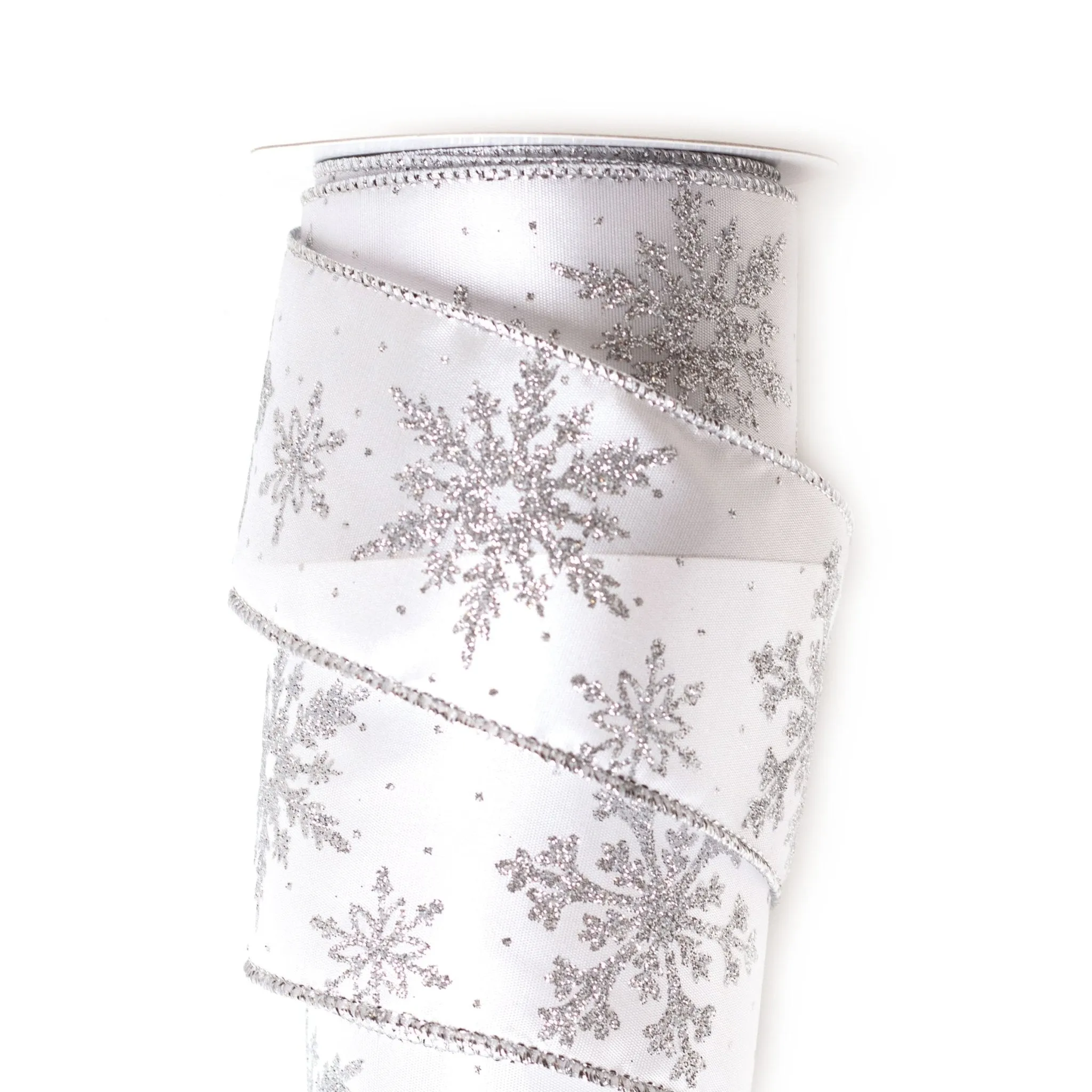 63mm x 9M White Satin With Snowflake Wired Ribbon 6309002