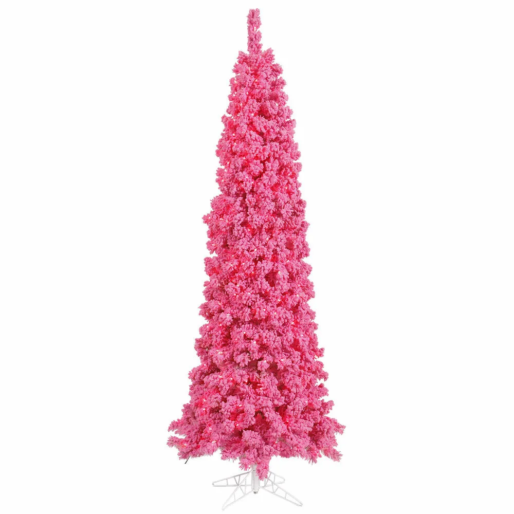 6.5' Flocked Pink Pencil Fir Artificial Christmas Tree Pink Dura-lit LED