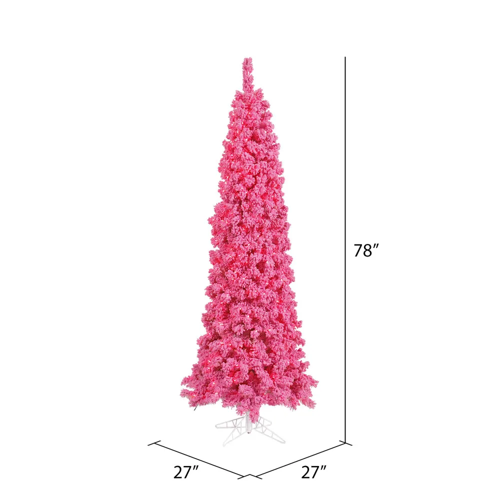 6.5' Flocked Pink Pencil Fir Artificial Christmas Tree Pink Dura-lit LED