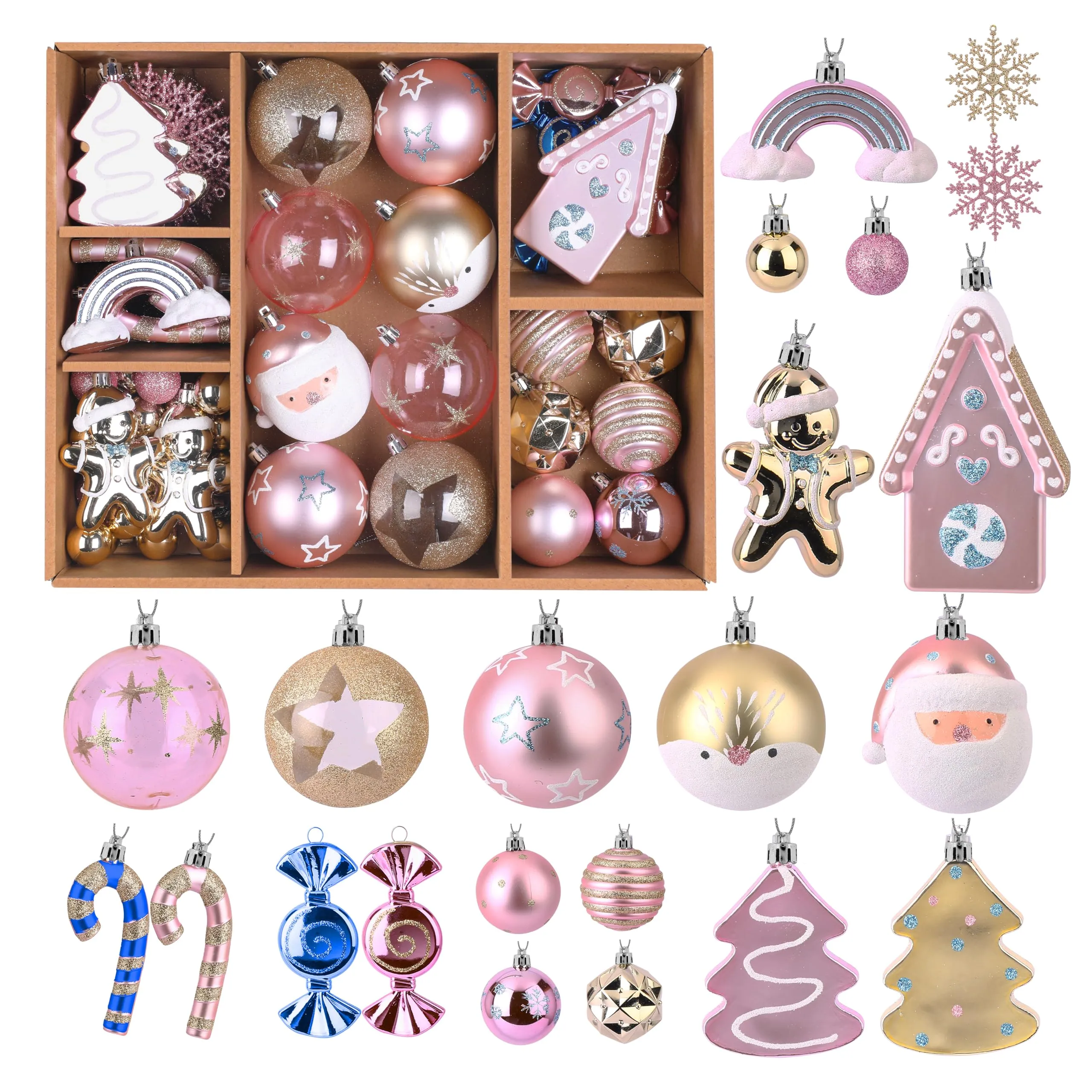 65pcs Macaron Pink Christmas Balls Ornaments Set with Hanging Strings