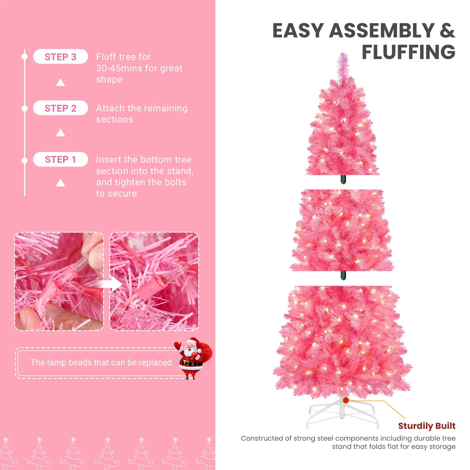 6ft Pre-lit 200 Warm White Lights Artificial Hinged Slim Pencil Christmas Tree-Pink