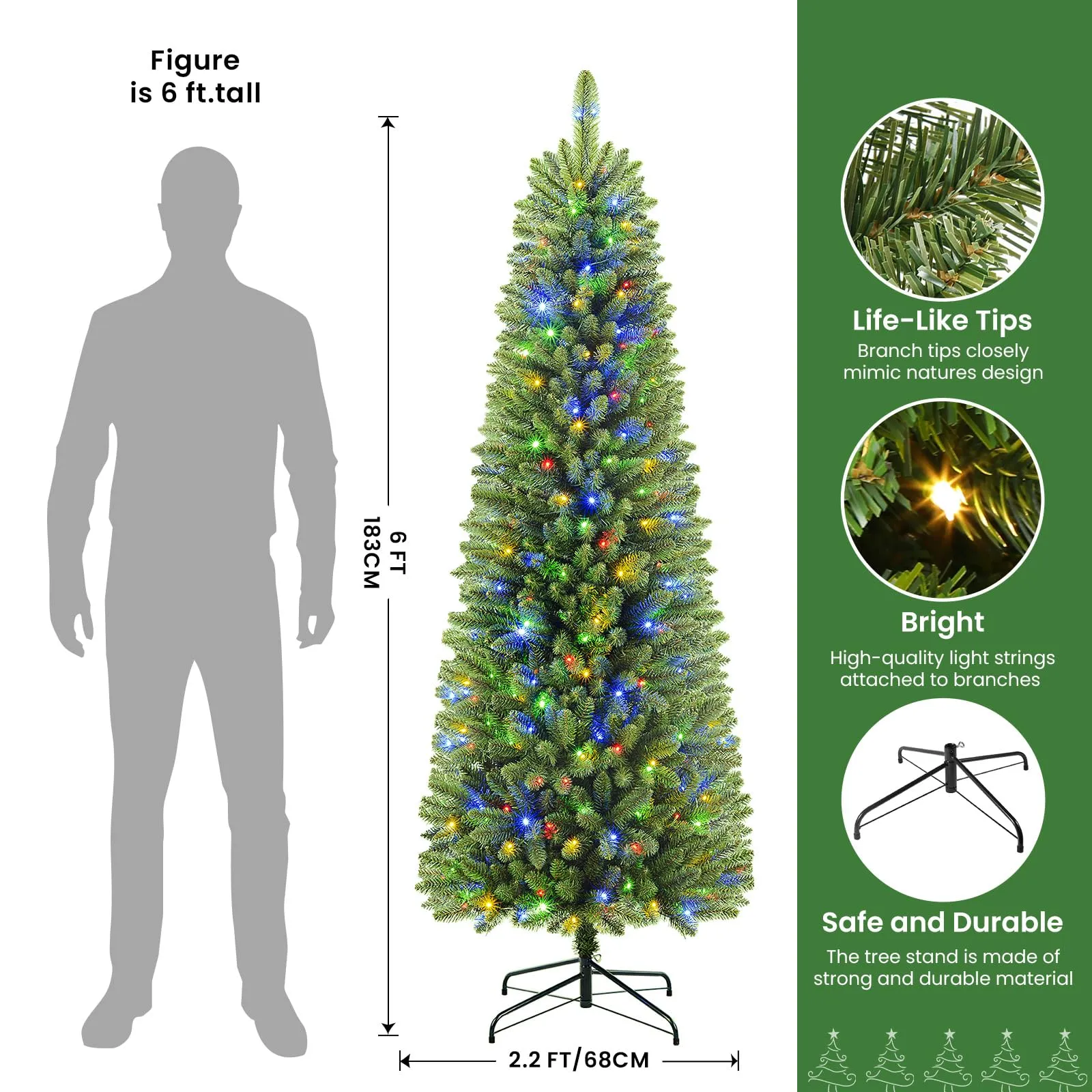 6ft Warm White & Multi-Color Lights Prelit Artificial Slim Pencil Christmas Tree with Remote