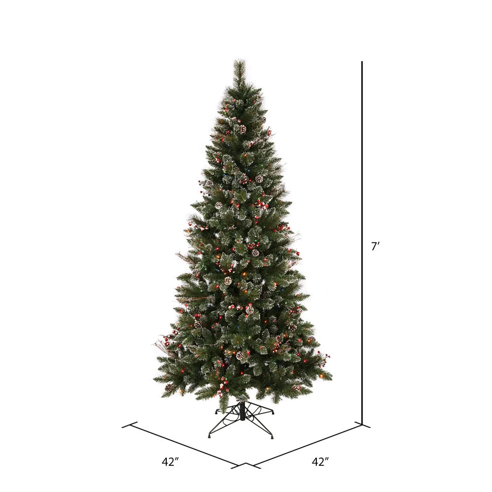 7' Snow Tipped  Berry Artificial Xmas Tree Colored Dura-lit Incandescent Light