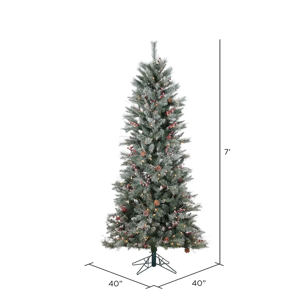 7' x 40" Frosted Berry Pine Artificial Tree 250 Clear Mini Lights Metal Stand