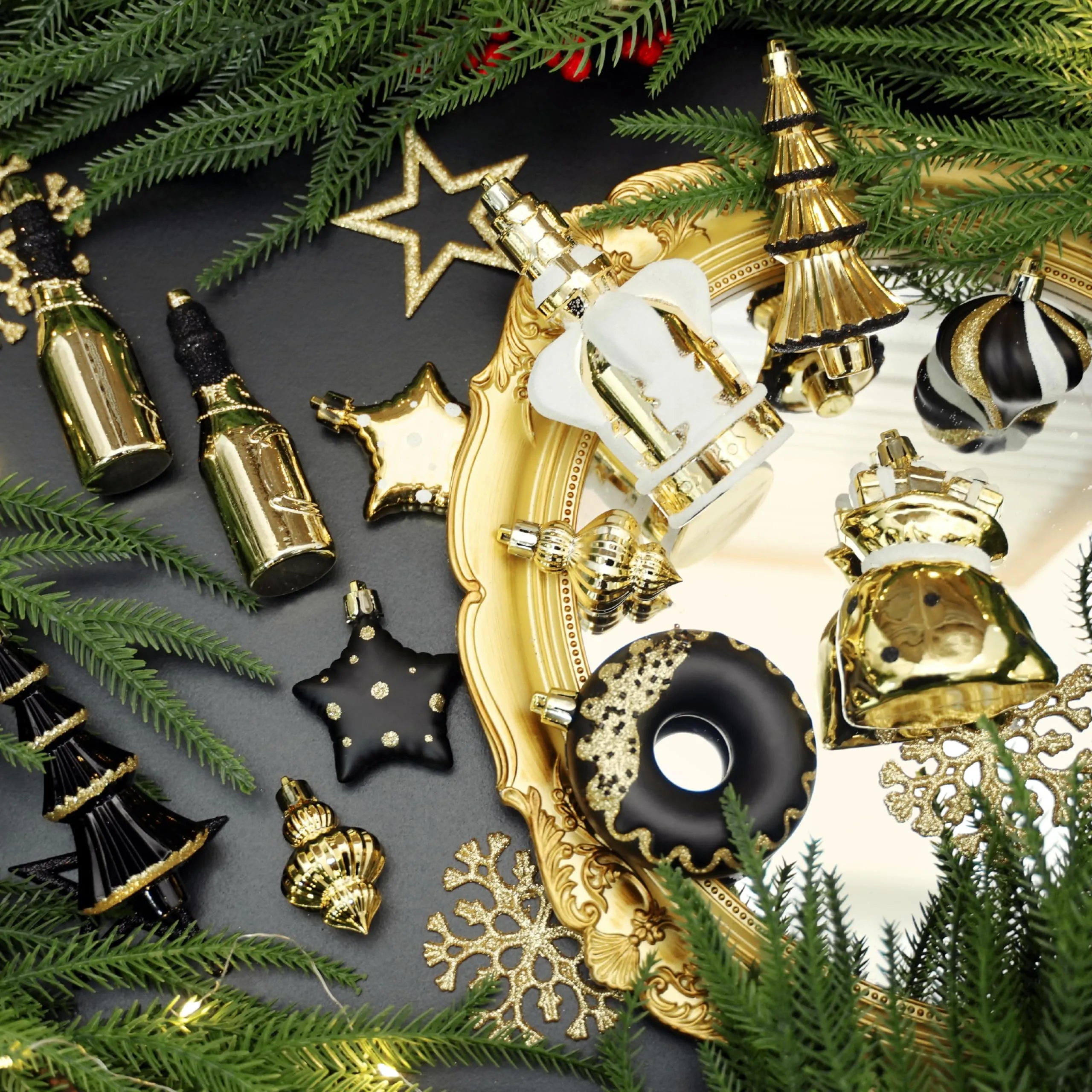 70ct Black, White and Gold Christmas Ball Ornament Set