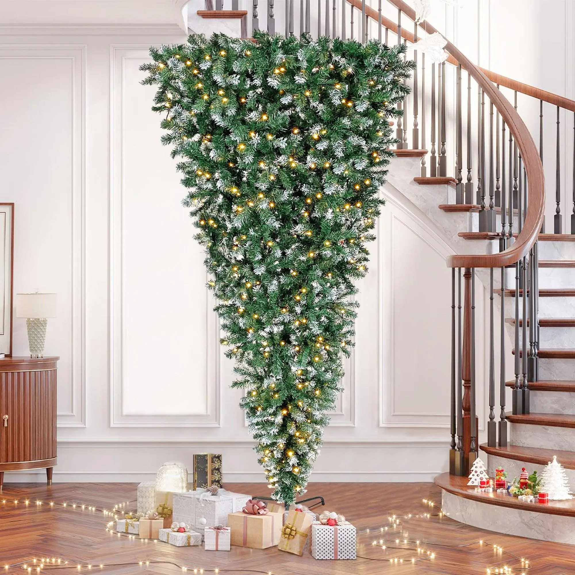 7.4ft Upside Down Green Christmas Tree, Xmas Tree with LED Warm White Lights, Green leaves with part spraying White, Reinforced Metal Base & Easy Assembly