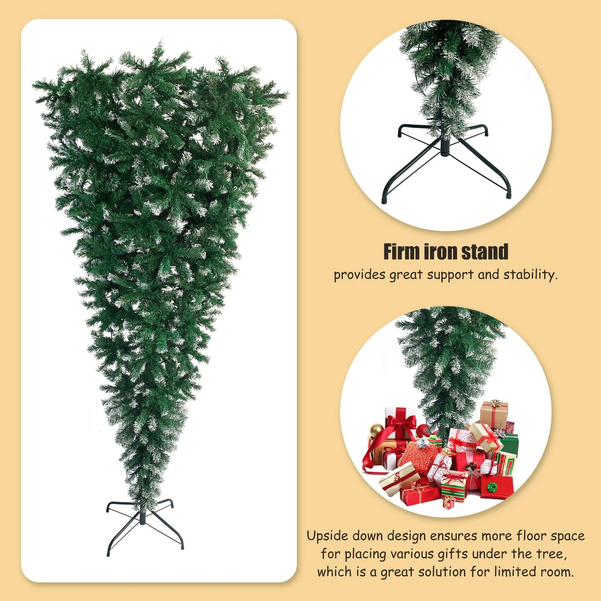 7.4ft Upside Down Green Christmas Tree, Xmas Tree with LED Warm White Lights, Green leaves with part spraying White, Reinforced Metal Base & Easy Assembly