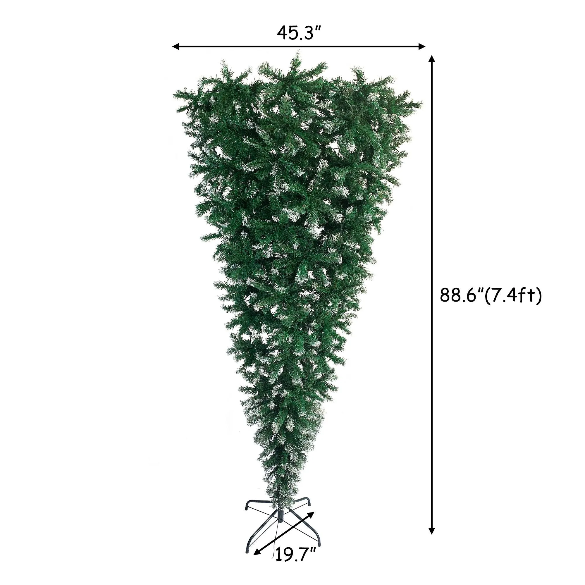 7.4ft Upside Down Green Christmas Tree, Xmas Tree with LED Warm White Lights, Green leaves with part spraying White, Reinforced Metal Base & Easy Assembly