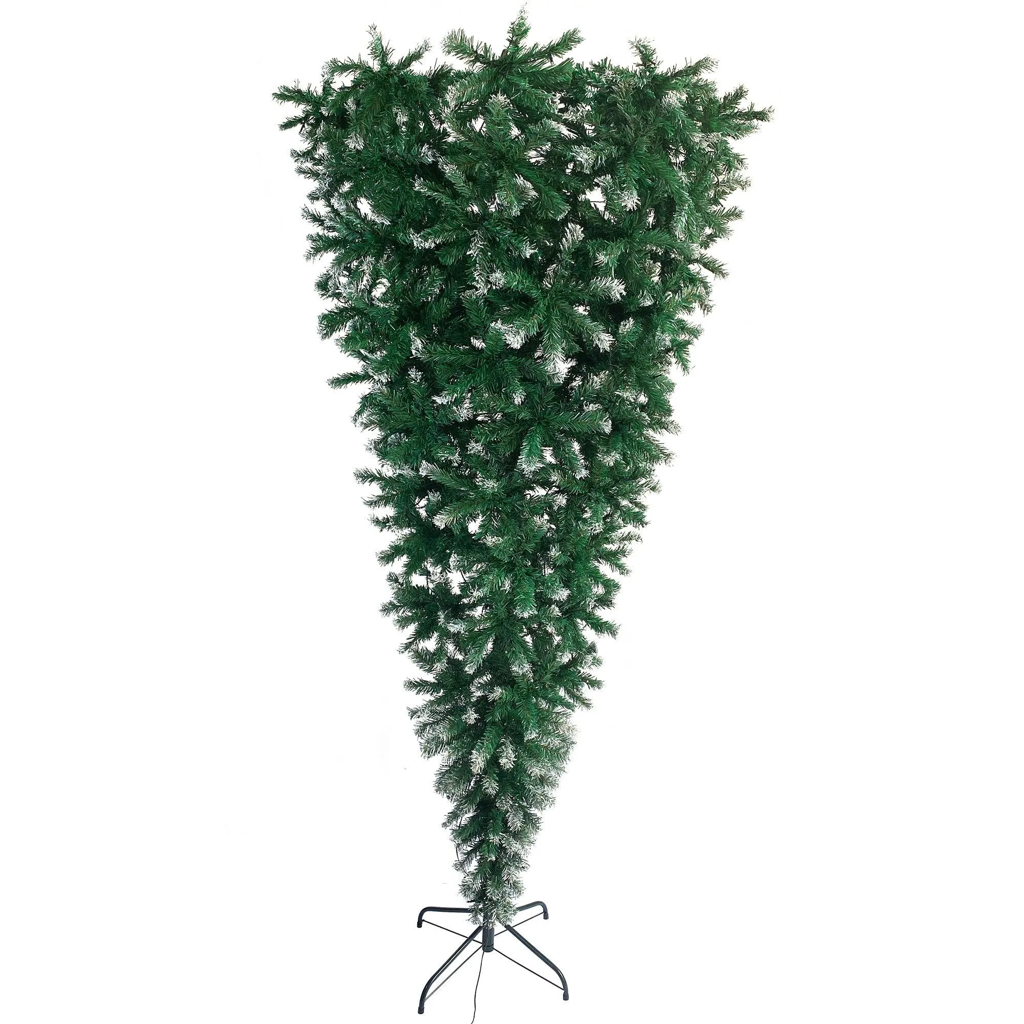 7.4ft Upside Down Green Christmas Tree, Xmas Tree with LED Warm White Lights, Green leaves with part spraying White, Reinforced Metal Base & Easy Assembly