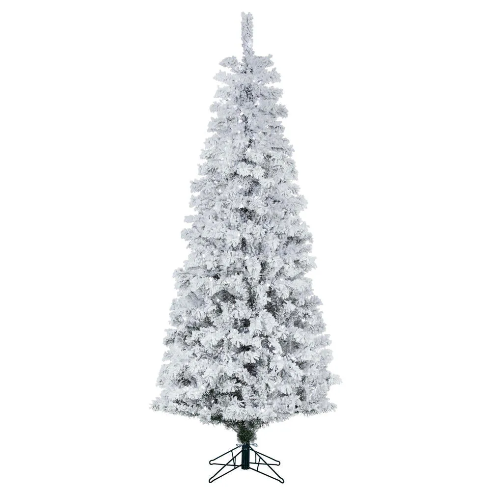 7.5' Flocked Pacific Pencil Artificial Christmas Tree with Pure White LED Lights