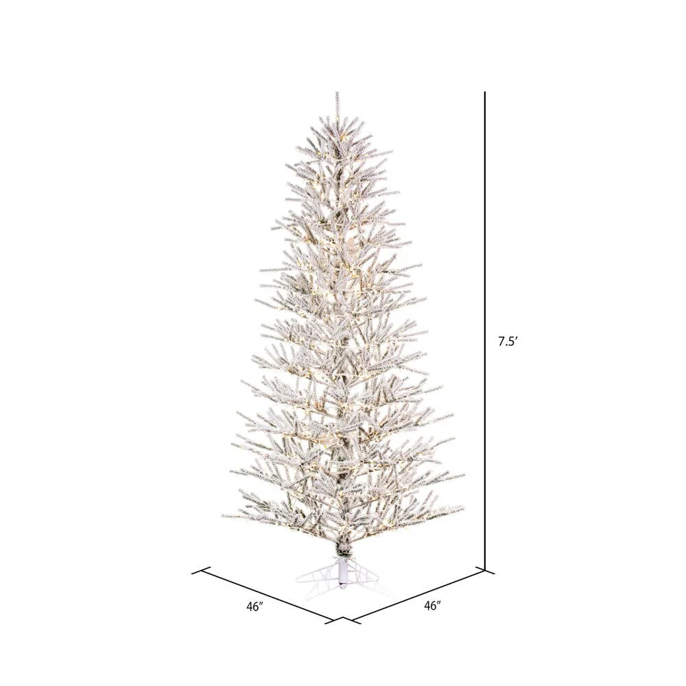 7.5' x 46" Flocked Slim Pistol Pine Artificial Xmas Tree with Warm White LED