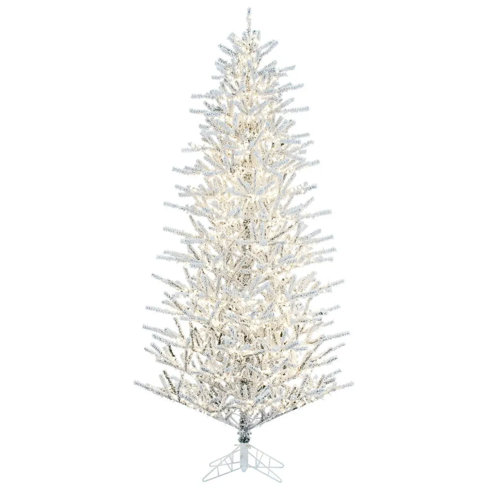 7.5' x 46" Flocked Slim Pistol Pine Artificial Xmas Tree with Warm White LED