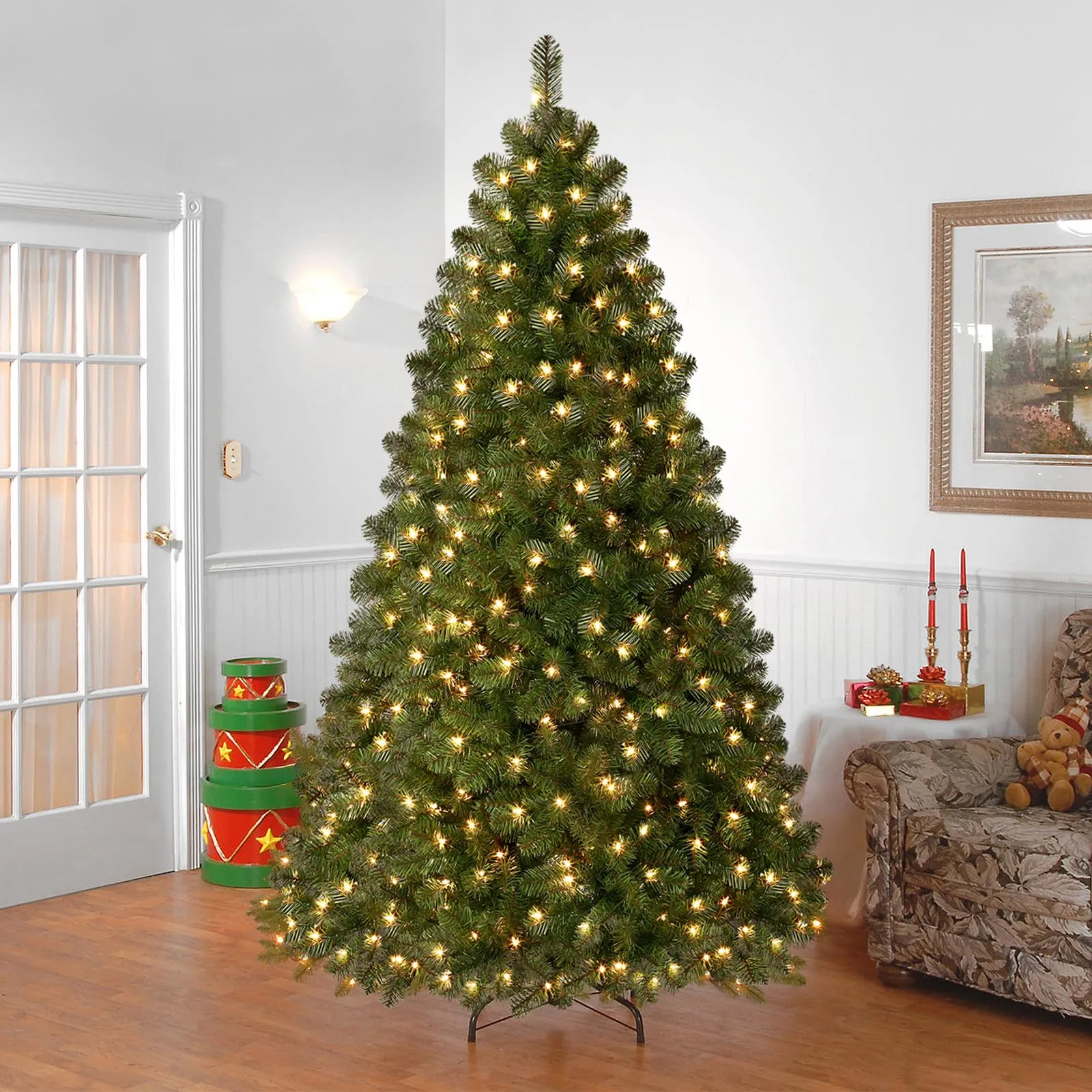 7.5ft Prelit 350 Warm White Lights 998 Branch Premium Artificial Hinged Christmas Tree-Green