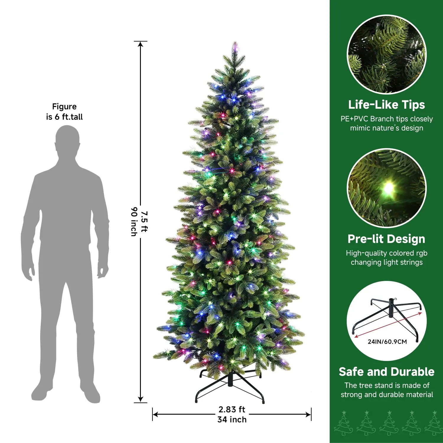 7.5ft Prelit Multi-Color RGB Lights Artificial Hinged Christmas Tree with Remote Control