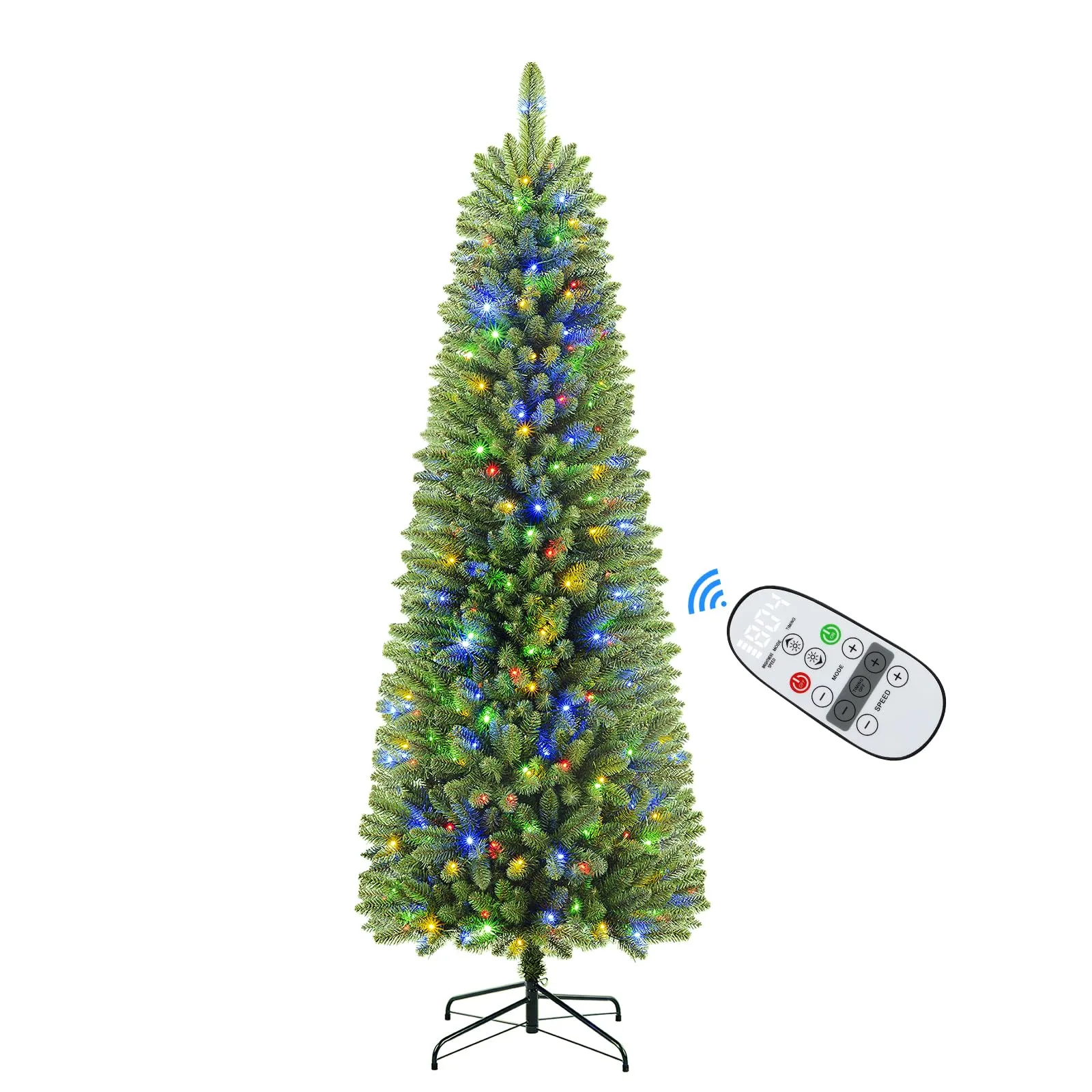 7.5ft Prelit Warm White & Multi-Color Lights Artificial Hinged Slim Pencil Christmas Tree with Remote Control