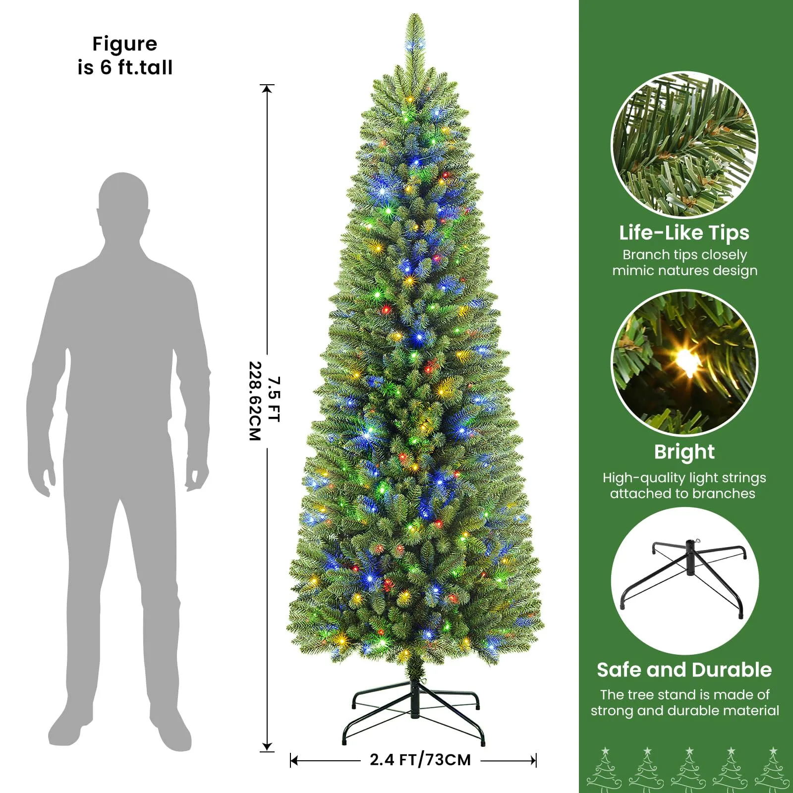 7.5ft Prelit Warm White & Multi-Color Lights Artificial Hinged Slim Pencil Christmas Tree with Remote Control