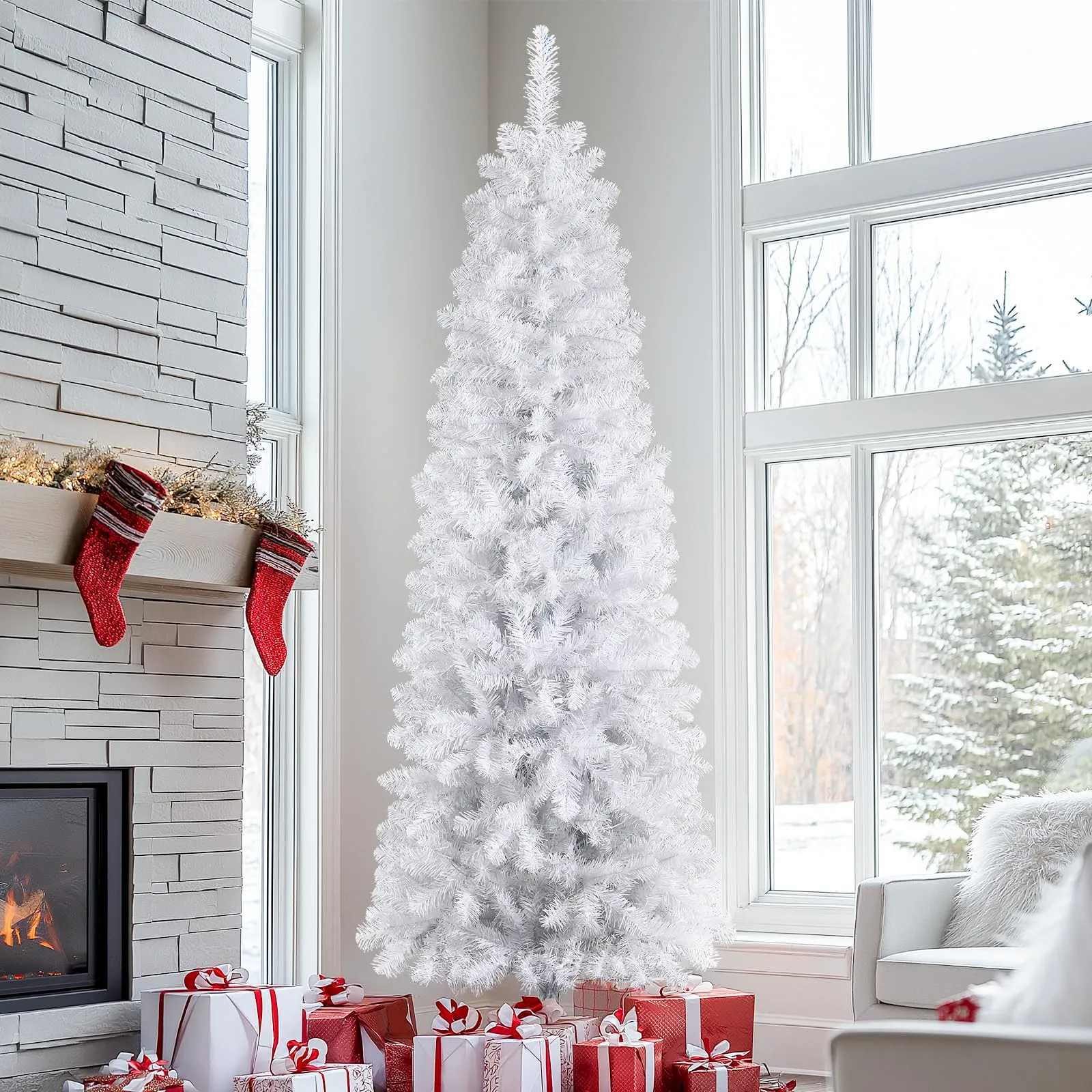 7.5ft Prelit Warm White Lights Artificial Hinged Slim Pencil Christmas Tree