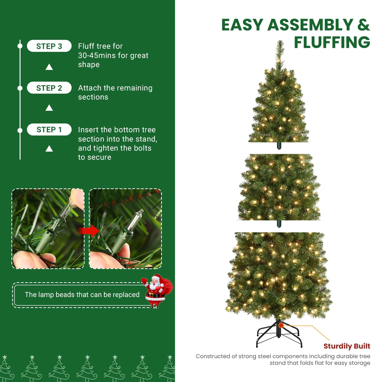 7.5ft Prelit Warm White Lights Artificial Hinged Slim Pencil Christmas Tree