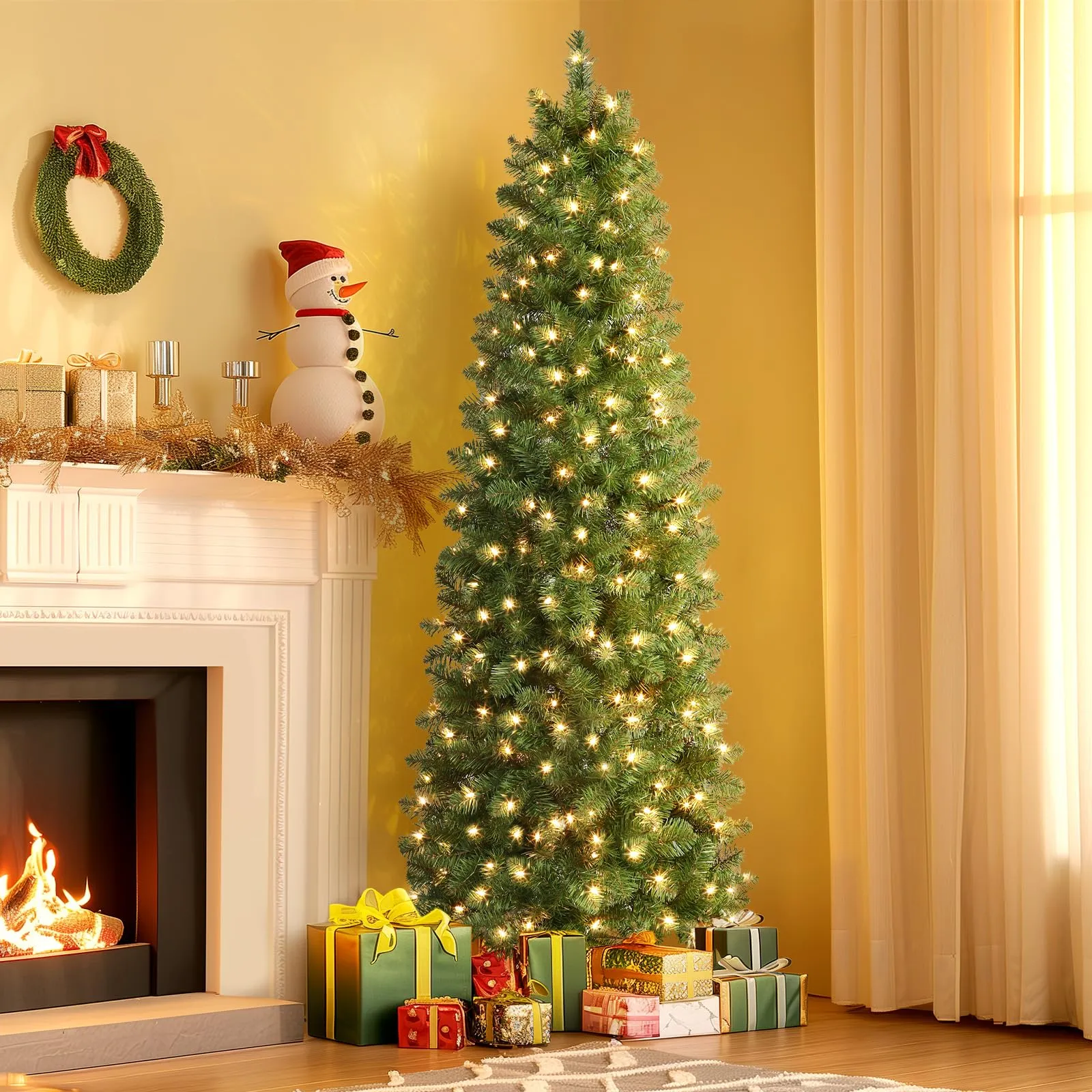 7.5ft Prelit Warm White Lights Artificial Hinged Slim Pencil Christmas Tree