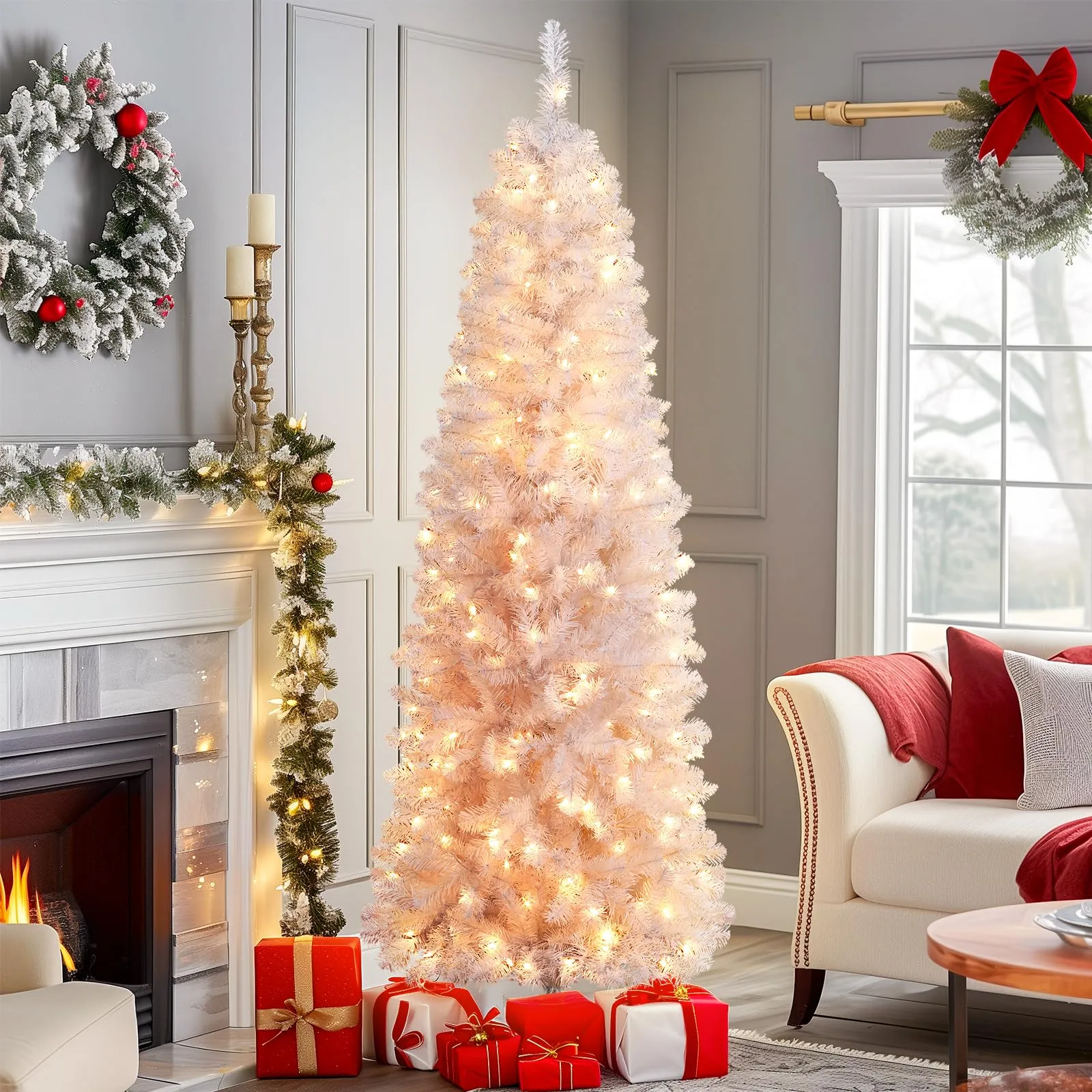 7.5ft Prelit Warm White Lights Artificial Hinged Slim Pencil Christmas Tree