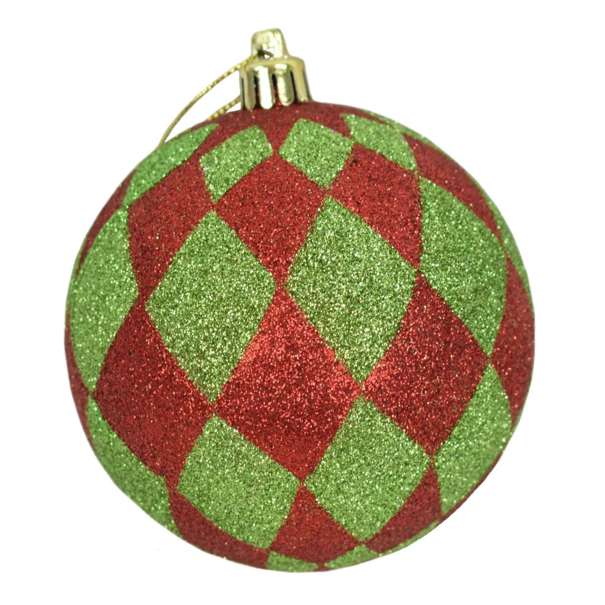 8” Apple Green / Red Harlequin Print Glitter Ball Ornament | XJB