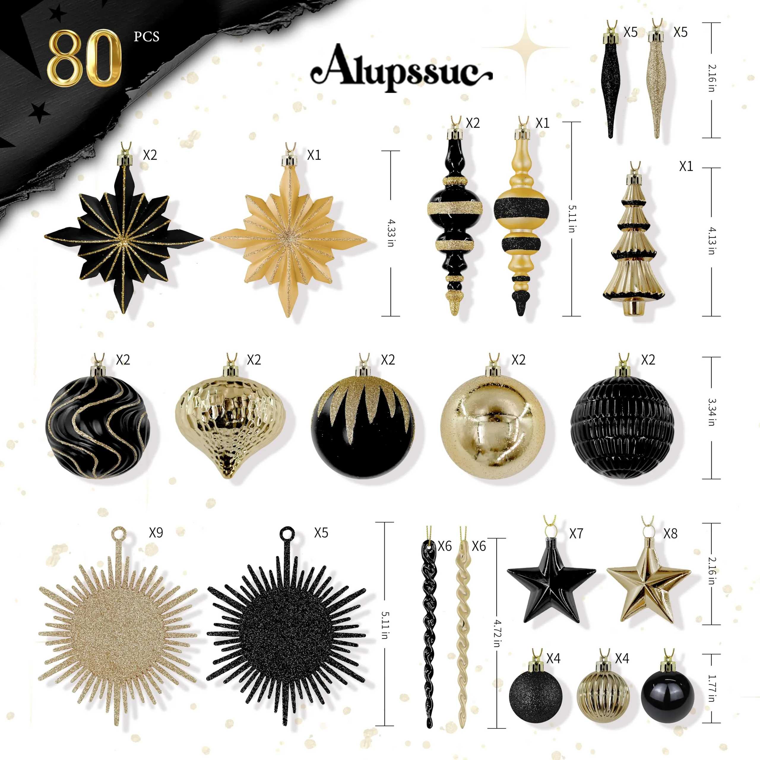 80pcs Black and Gold Christmas Balls Ornaments Set with Lanyards