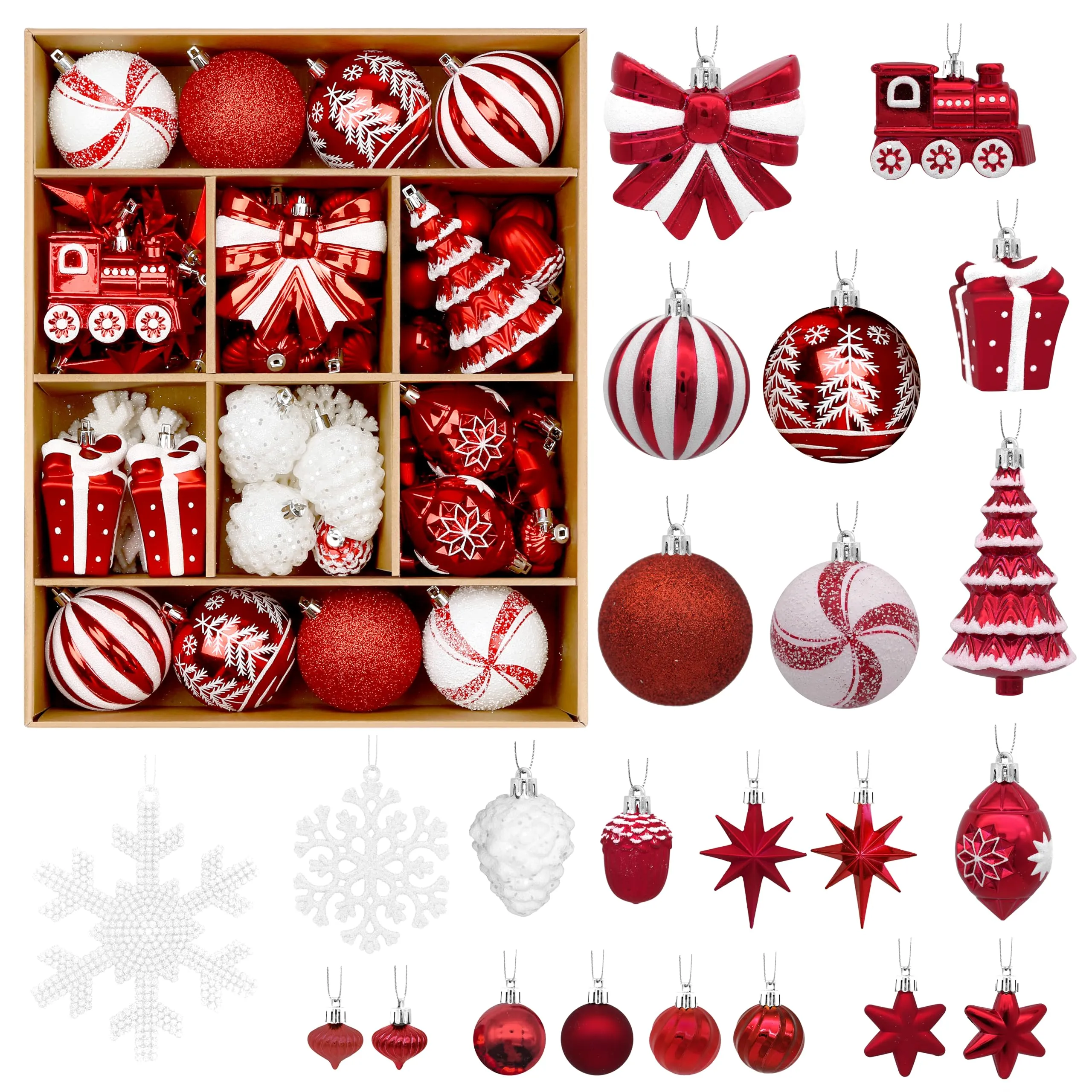 82pcs Red and White Christmas Balls Ornaments Set with Hanging Strings